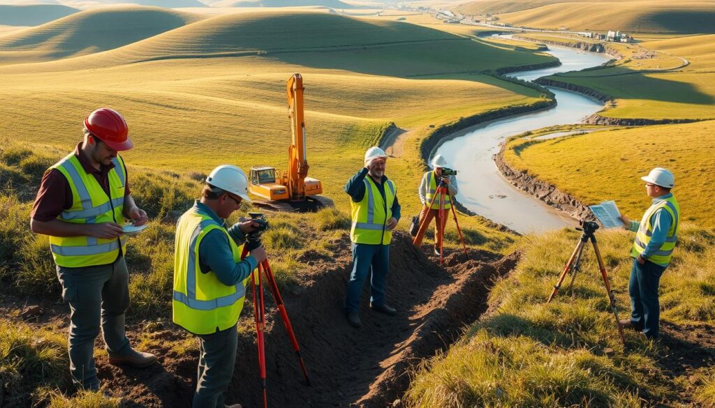 A team of hydrological engineers hard at work in the field, studying water flow and collection systems. In the foreground, engineers in hard hats and safety vests measure water levels and take soil samples. In the middle ground, a hydraulic excavator digs a trench for pipe installation, while surveyors use theodolites to map the terrain. In the background, a lush green landscape with rolling hills and a winding river, illuminated by warm, natural lighting that casts long shadows. The scene conveys a sense of technical expertise, environmental stewardship, and the vital role of hydrological engineers in managing and preserving water resources.