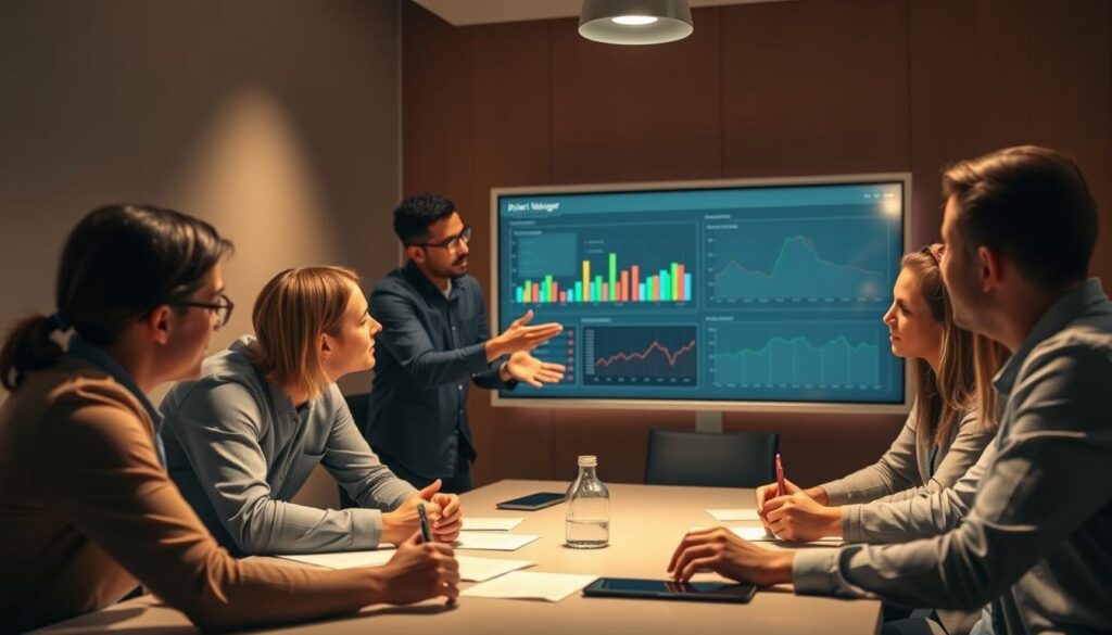 A team of professionals gathered around a table, engaged in a collaborative discussion. The project manager stands at the head, presenting data on a large display screen, their hands gesturing to highlight key metrics. The team members lean in, faces alight with focused attention, each contributing their unique expertise. Soft, warm lighting casts a subtle glow, creating an atmosphere of productive camaraderie. The scene is captured from a slightly elevated angle, conveying a sense of diligent oversight and progress monitoring. The image reflects the essence of the "Measuring Project Success" section - a team working in harmony, guided by a capable project manager, to achieve their shared goals.