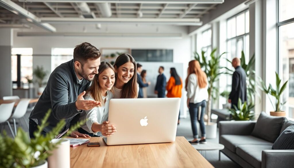 A team of professionals working together in a bright, modern office. In the foreground, three colleagues are leaning over a laptop, engaged in a lively discussion, gesturing animatedly. In the middle ground, a group of team members are gathered around a whiteboard, brainstorming ideas. The background features an open-plan layout with sleek furniture, potted plants, and large windows that flood the space with natural light. The overall atmosphere is one of collaboration, creativity, and a shared sense of purpose.
