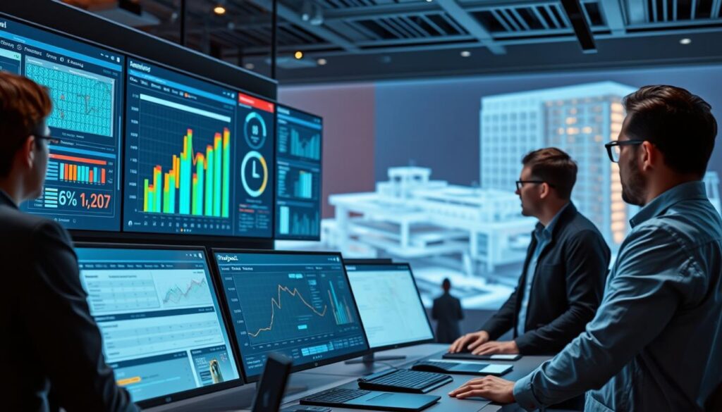 A team of project managers diligently monitoring a complex project on a large interactive dashboard. The foreground features a sleek, futuristic control center with multiple screens displaying real-time data, Gantt charts, and KPIs. In the middle ground, project team members collaborate, reviewing progress and addressing issues. The background showcases a partially visible architectural model or 3D rendering of the project, bathed in warm, focused lighting that creates a sense of progress and momentum. The overall atmosphere conveys a balance of technology, teamwork, and a laser-sharp focus on delivering the project successfully.