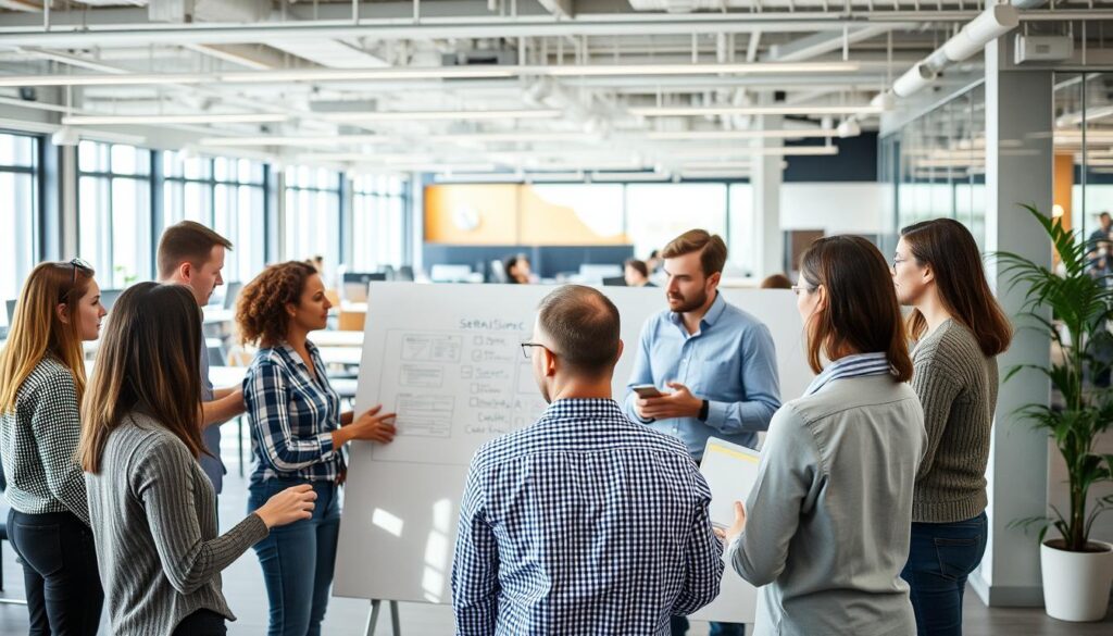 A team of project managers engaged in a dynamic team-building exercise, set against the backdrop of a modern office space. In the foreground, colleagues collaborate on a whiteboard, exchanging ideas and strategies. The middle ground features a mix of casual interactions and focused discussions, fostering a sense of camaraderie and problem-solving. The background showcases an open-concept layout with abundant natural light, creating a professional yet inviting atmosphere. The overall scene conveys a harmonious blend of teamwork, creativity, and a shared commitment to project success.