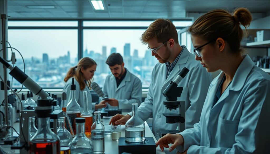 A team of researchers in a modern, well-equipped laboratory, intently focused on experiments with smart materials. Beakers, microscopes, and state-of-the-art equipment fill the foreground, while in the middle ground, scientists in lab coats collaborate, discussing data and results. Soft, indirect lighting illuminates the scene, creating a contemplative atmosphere. The background features a panoramic view of the city skyline, hinting at the real-world applications of this innovative research. An air of discovery and camaraderie pervades the collaborative workspace, reflecting the cross-disciplinary nature of this groundbreaking work.