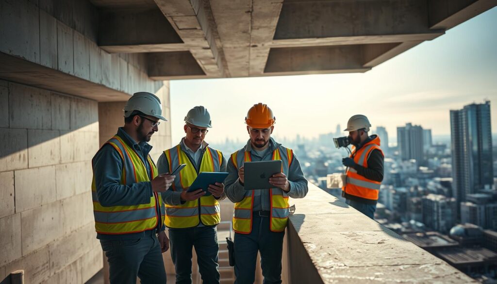 A team of structural engineers carefully inspecting a complex concrete structure, using advanced techniques like ultrasound, thermal imaging, and endoscopic cameras. The scene is illuminated by bright, directional lighting that casts dramatic shadows, emphasizing the intricate geometries and textures of the building. The engineers are dressed in safety gear, meticulously documenting their findings on tablets and laptops. In the background, a city skyline is visible, hinting at the broader context of the structure's importance. The overall mood is one of focused professionalism and technical expertise, conveying the crucial role of structural assessment in ensuring the safety and longevity of built environments.