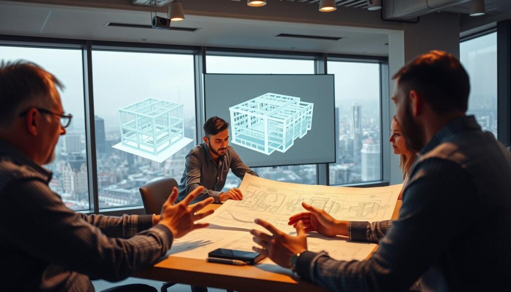 A team of structural engineers collaborating on seismic design, gathered around a large table reviewing architectural plans and structural diagrams under the warm glow of adjustable task lighting. The foreground features their hands gesturing as they discuss analysis models and design options, while the middle ground shows 3D renderings of the building's structural framework projected on a wall-mounted display. In the background, a large window offers a view of a bustling city skyline, hinting at the real-world context for their work to protect urban structures from earthquake hazards.