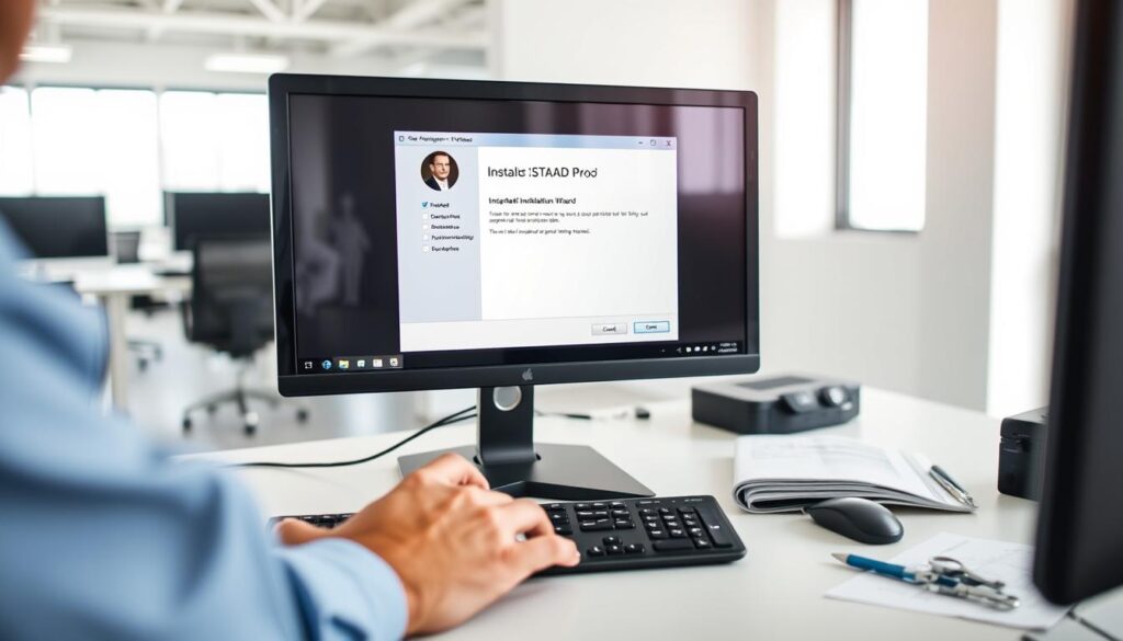 A technician carefully installing STAAD Pro software on a desktop computer, the process unfolding step-by-step in a well-lit, modern office space. The desktop screen displays the STAAD Pro installation wizard, guiding the user through the setup. In the foreground, the technician's hands deftly navigate the mouse and keyboard, their focus unwavering. The middle ground features an ergonomic workspace with technical manuals and engineering tools, hinting at the software's structural design capabilities. The background showcases a clean, minimalist office environment, conveying a sense of professionalism and productivity. The overall scene captures the smooth, intuitive installation of this essential engineering software.