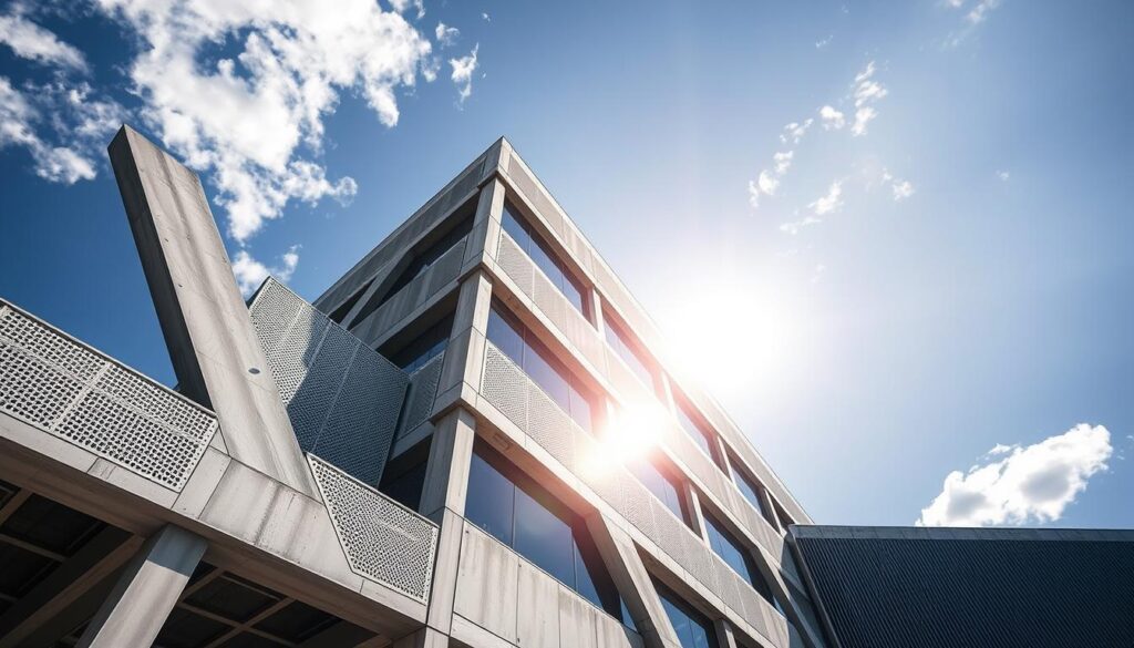 A technologically advanced civil engineering structure stands tall, showcasing the latest innovations in resilient architectural design. Sleek steel beams and reinforced concrete intersect in a harmonious, yet sturdy composition, creating a striking silhouette against a vibrant, cloudless sky. The building's facade features intricate patterns and textures, hinting at the complex engineering feats that allow it to withstand the elements. Sunlight casts sharp shadows, highlighting the sharp edges and precise angles that define the structure's form. The scene radiates a sense of modernity, innovation, and unwavering strength - a testament to the ingenuity of civil engineers dedicated to shaping resilient, future-proof cities.
