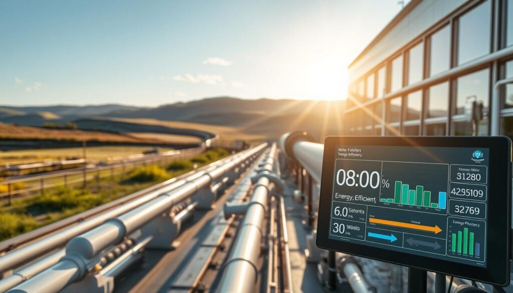 A technologically advanced water treatment facility, with sleek pipelines and sophisticated machinery, stands against a backdrop of rolling hills and a radiant sky. Sunlight streams through large windows, casting a warm glow over the scene. In the foreground, a control panel displays real-time data on energy consumption and water flow, showcasing the facility's commitment to energy efficiency. The overall atmosphere conveys a sense of innovation, sustainability, and environmental stewardship, reflecting the importance of optimizing water supply systems for both cost and ecological impact.