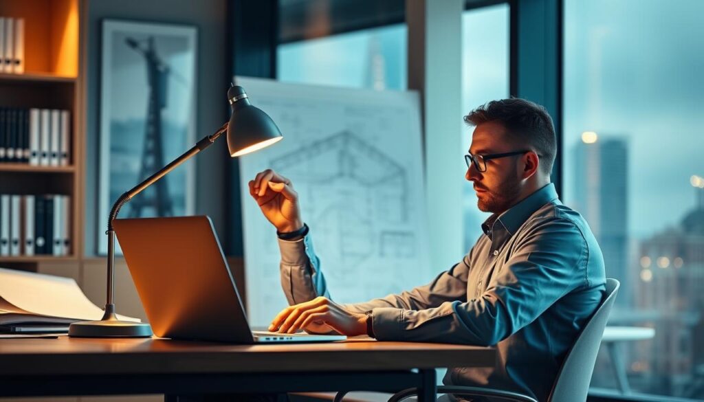 A thoughtful civil engineer sits at a desk, studying online CPD courses on a sleek laptop, bathed in the warm glow of a desk lamp. The background showcases a modern office space, with bookshelves, architectural blueprints, and a cityscape visible through the window, suggesting the impact of continued professional development on career advancement. The scene conveys a sense of focus, dedication, and the pursuit of knowledge to enhance job performance and stay ahead in the field of civil engineering.