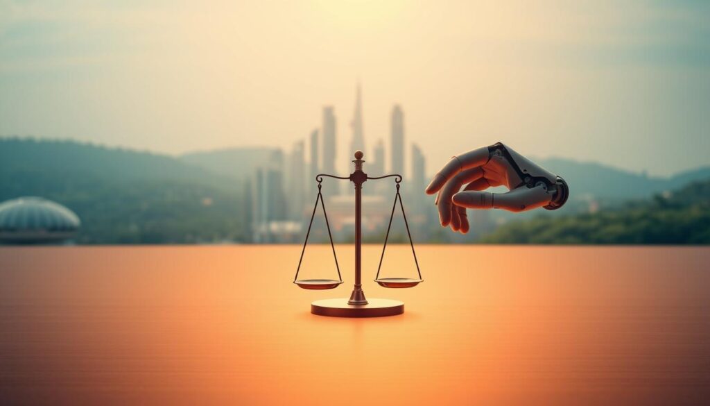 A thoughtful integration of engineering and policy, illuminated by a warm, diffused light. In the foreground, a pair of mechanical hands gently holding a delicate scale, symbolizing the balance between technical innovation and ethical considerations. In the middle ground, an abstract cityscape with futuristic, sustainable architecture, reflecting the intersection of human progress and responsible governance. The background features a serene, natural landscape, suggesting the harmonious coexistence of technology and the environment. The overall scene conveys a sense of contemplation, where the practical and the principled converge to shape a better future.
