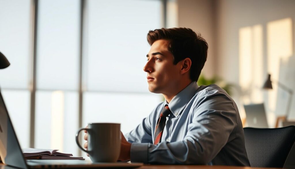 A thoughtful young engineer in a crisp button-down shirt and tie, sitting at a desk in a well-lit, modern office. Surrounded by technical books, a laptop, and a mug of coffee, they gaze intently, reflecting on their performance during a recent internship interview. The lighting is warm and natural, casting a subtle glow and creating a contemplative atmosphere. The composition is balanced, with the engineer's face in the foreground and the desk accessories framing the scene. The overall mood is one of focused introspection, conveying the importance of self-evaluation in the pursuit of a successful engineering internship.