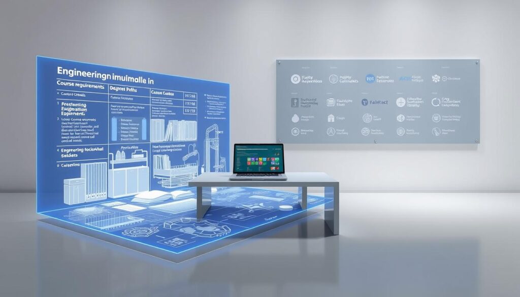 A three-dimensional blueprint of an engineering curriculum, showcased against a clean, well-lit backdrop. The foreground displays a holographic projection of course requirements, textbooks, and laboratory equipment, reflecting the depth and breadth of the program. The middle ground features a sleek, minimalist desk with a laptop displaying interactive course schedules and degree paths. In the background, a wall-mounted display outlines the key organizations involved in setting engineering education standards, their logos and symbols illuminated with a soft, focused glow.