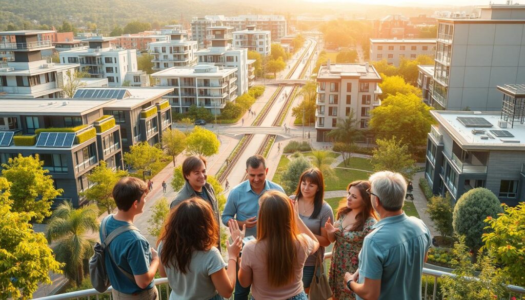 A thriving sustainable urban landscape, with well-designed buildings, pedestrian-friendly streets, and lush greenery. In the foreground, a group of engaged community members discussing urban planning ideas, gesturing animatedly. In the middle ground, modern eco-friendly buildings with solar panels, green roofs, and energy-efficient windows. In the background, a network of bike lanes, public transportation, and verdant parks, creating a holistic vision of sustainable living. Warm, natural lighting illuminates the scene, evoking a sense of harmony and environmental consciousness. The composition emphasizes the importance of community involvement in shaping a more sustainable future.