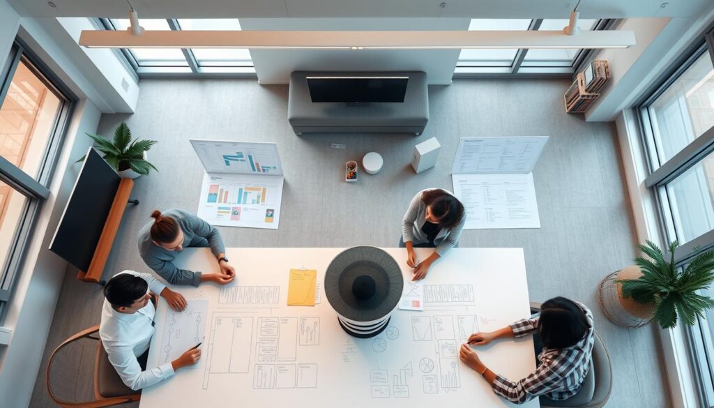 A top-down view of a project planning process, with a clean, minimal aesthetic. In the foreground, a team gathers around a large table, discussing and sketching ideas on a whiteboard. The middle ground features neatly organized project management tools, such as Gantt charts, Kanban boards, and task lists. The background showcases a modern, well-lit office space with large windows, minimalist furniture, and muted colors. The lighting is soft and even, creating a calming, focused atmosphere. The overall scene conveys a sense of collaboration, organization, and strategic thinking inherent to effective project planning.