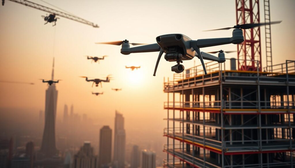 A towering construction site, with drones soaring overhead, capturing aerial footage of the progress. In the foreground, a sleek, high-tech drone navigates around the scaffolding, its camera lens carefully trained on the intricate framework of the building. In the middle ground, a swarm of drones hover in formation, their propellers whirring as they scan the site for potential hazards and monitor the flow of materials. The background is a hazy, urban skyline, the sun casting a warm, golden glow over the scene, highlighting the cutting-edge technology at work. The atmosphere is one of efficiency, innovation, and the seamless integration of drones into the construction process.