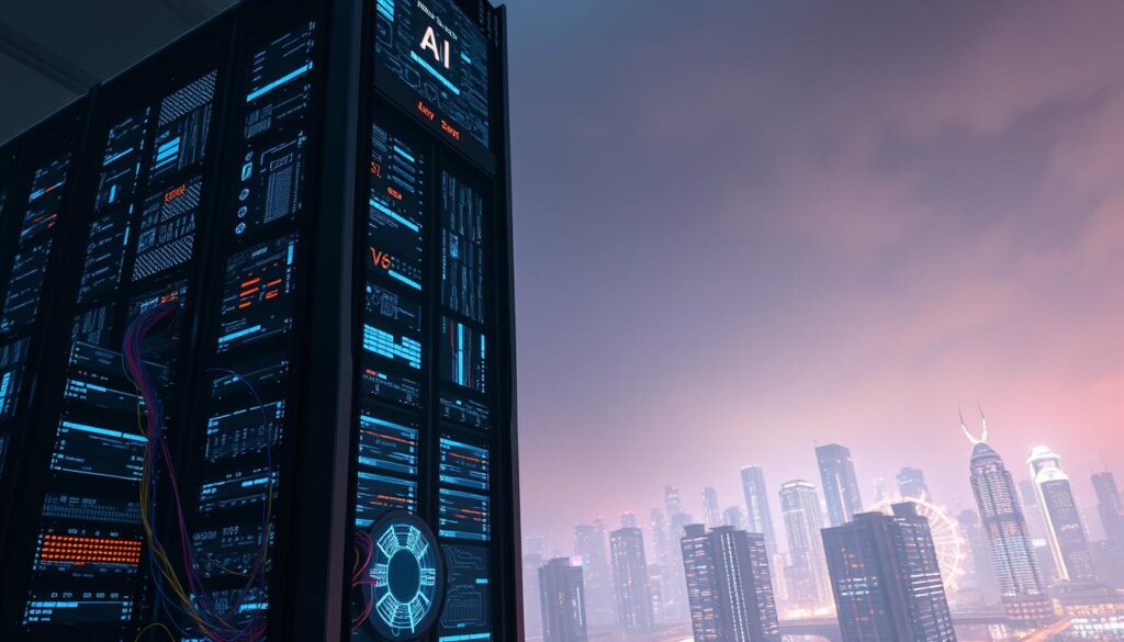 A towering data center stands tall, its sleek, angular silhouette cutting through the night sky. The facade is adorned with a mesmerizing array of LED panels, pulsing with data streams and intricate visualizations. In the foreground, a futuristic AI server rack shimmers under the cool glow of precision-engineered lighting, its multi-colored cables snaking through a labyrinth of cutting-edge hardware. The background is a hazy, neon-tinged cityscape, hinting at the vast scale and connectivity of this advanced AI infrastructure. The overall scene exudes a sense of technological wonder, power, and the limitless possibilities of the digital age.