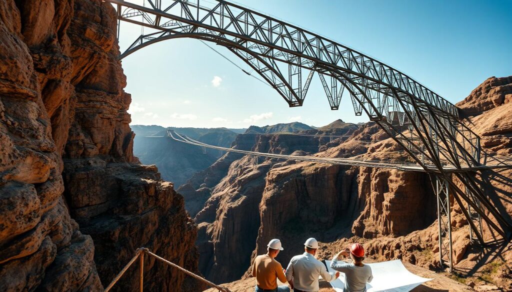 A towering steel bridge spanning a deep chasm, its graceful arches and lattice-like supports a testament to the collaboration of architects, engineers, and designers. Sunlight filters through the structure, casting intricate patterns on the rocky cliffs below. In the foreground, a team of specialists - civil, structural, and environmental - huddle over plans, their diverse expertise seamlessly integrated to overcome the site's unique challenges. The scene conveys a sense of harmonious interdisciplinary problem-solving, where multiple disciplines converge to create a functional and aesthetically striking masterpiece of bridge engineering.