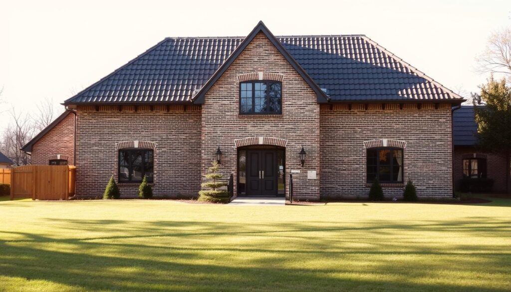 A traditional block construction building, with a strong, sturdy facade made of perfectly aligned bricks. The structure features a symmetrical design, with a central entrance flanked by large windows on either side. The roof is a classic gable style, with dark roof tiles that create a warm, rustic aesthetic. In the foreground, a well-manicured lawn and a few neatly trimmed shrubs add to the overall sense of orderliness and attention to detail. The scene is bathed in soft, diffused natural light, creating long shadows that add depth and dimension to the image. The overall mood is one of stability, timelessness, and enduring craftsmanship.