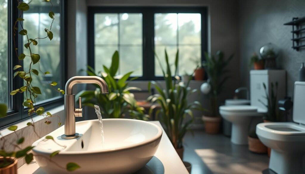 A tranquil, eco-friendly bathroom scene with natural elements. In the foreground, a sleek, water-efficient faucet in brushed metal gently cascades into a minimalist porcelain basin. Trailing vines and lush potted plants adorn the middle ground, creating a serene oasis. Soft, diffused natural light filters through large windows, illuminating the space. Muted earth tones and clean lines evoke a sense of calm and sustainability. In the background, a low-flow toilet and energy-efficient appliances seamlessly blend into the relaxing ambiance, showcasing practical yet eco-conscious plumbing solutions for the modern, environmentally-conscious homeowner.
