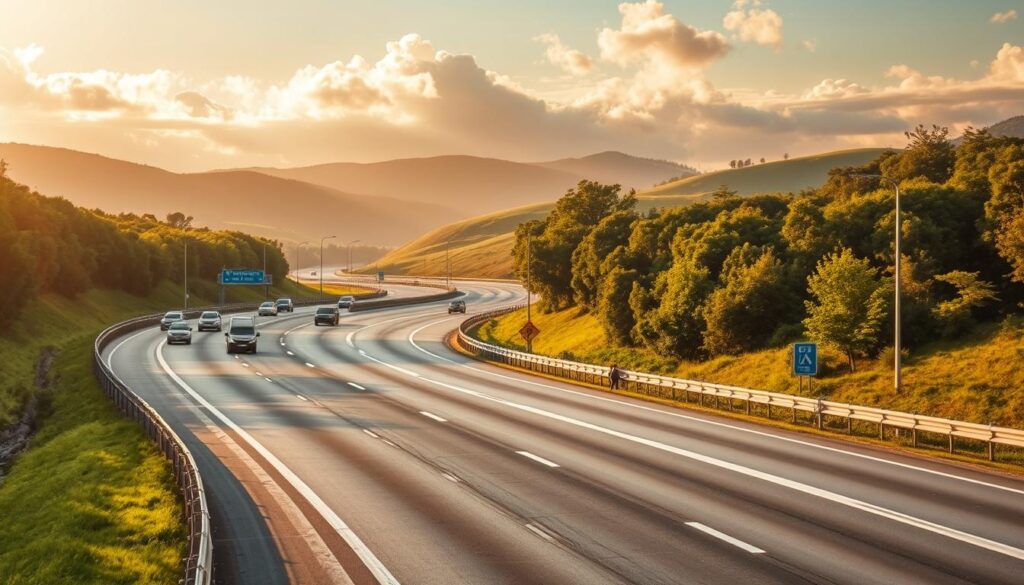 A tranquil highway design, winding through a lush, verdant landscape. In the foreground, well-marked lanes guide vehicles seamlessly, with clear signage and lane dividers ensuring smooth traffic flow. Gently sloping hills and towering trees create a serene, natural backdrop, bathed in warm, golden sunlight filtering through wispy clouds. Strategically placed guardrails and barriers along the roadside provide a sense of safety and security, while the overall layout prioritizes efficient traffic management and driver visibility. The scene conveys a harmonious balance between infrastructure and the surrounding environment, embodying the principles of road safety engineering.