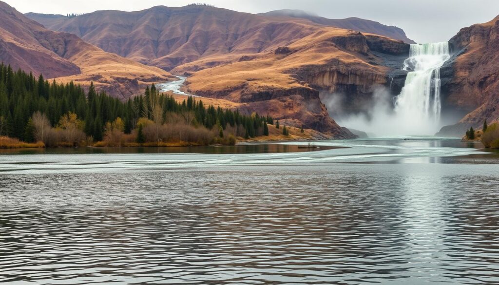 A tranquil landscape showcasing a diverse array of water bodies typical of hydrological systems. In the foreground, a serene lake reflects the surrounding forest and mountains. In the middle ground, a winding river cuts through rolling hills, its currents glistening under a warm, diffused light. In the background, a majestic waterfall cascades over rugged cliffs, its mist creating a hazy, atmospheric effect. The overall scene conveys a sense of balance, harmony, and the dynamic interplay between land and water that characterizes the field of hydrology. Captured with a wide-angle lens to emphasize the scale and interconnectedness of these various water features.