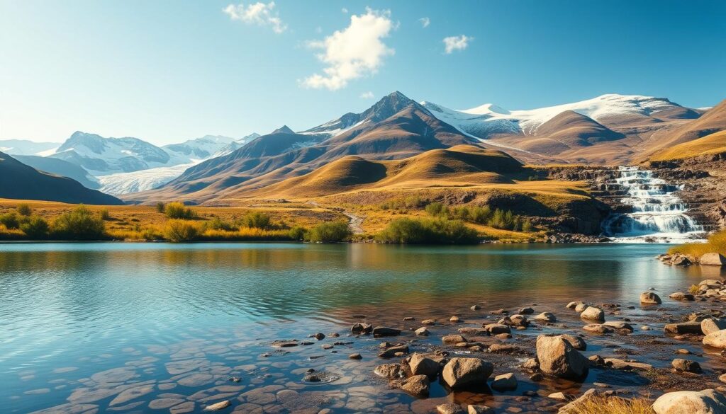 A tranquil landscape showcasing diverse sustainable water supply sources. In the foreground, a pristine lake reflects the clear sky above, its shores lined with lush greenery. In the middle ground, a gently flowing river winds through rolling hills, its banks dotted with natural springs. In the background, snow-capped mountains rise majestically, their slopes fed by melting glaciers that cascade into sparkling waterfalls. The scene is bathed in warm, golden sunlight, creating a serene and inviting atmosphere. The overall composition highlights the interconnectedness of these various water sources, emphasizing their importance in a well-designed, efficient water supply system.