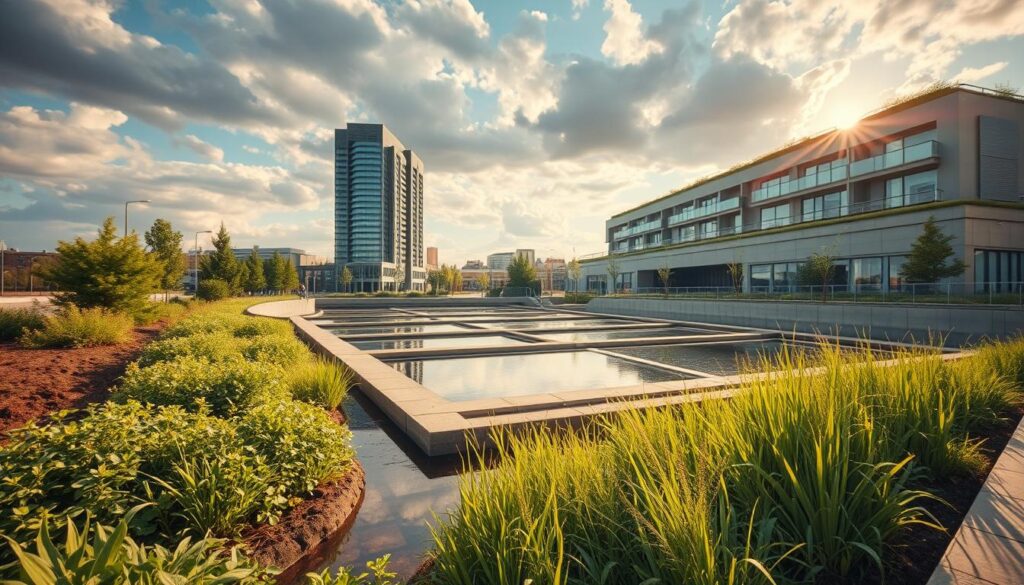 A tranquil scene of a well-designed stormwater management system, showcasing its effectiveness in urban environments. In the foreground, a lush bioswale filters and detains runoff, its native plants thriving. The middle ground features a series of interconnected detention basins, their surfaces reflecting the sky's dramatic clouds. In the background, a sleek, modern building stands, its rooftop garden and permeable pavement contributing to the system's holistic approach. Warm afternoon sunlight bathes the scene, creating a sense of harmony between built and natural elements. A telephoto lens captures the scene from an elevated angle, emphasizing the system's integrated design and functionality.