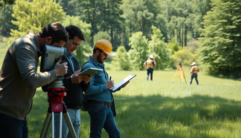 A tranquil scene of surveying techniques unfolding in a serene, sun-dappled field. In the foreground, a surveyor carefully aligns a theodolite, its sleek metal body glinting in the warm light. Beside them, an assistant diligently records measurements on a clipboard, their movements precise and methodical. In the middle ground, a trio of surveyors navigate the undulating terrain, using a high-precision GPS unit to map the contours of the land. In the background, a verdant forest frames the scene, its lush foliage casting soft shadows across the grassy expanse. The atmosphere is one of focused concentration and meticulous attention to detail, capturing the essence of the essential surveying techniques employed in civil engineering projects.