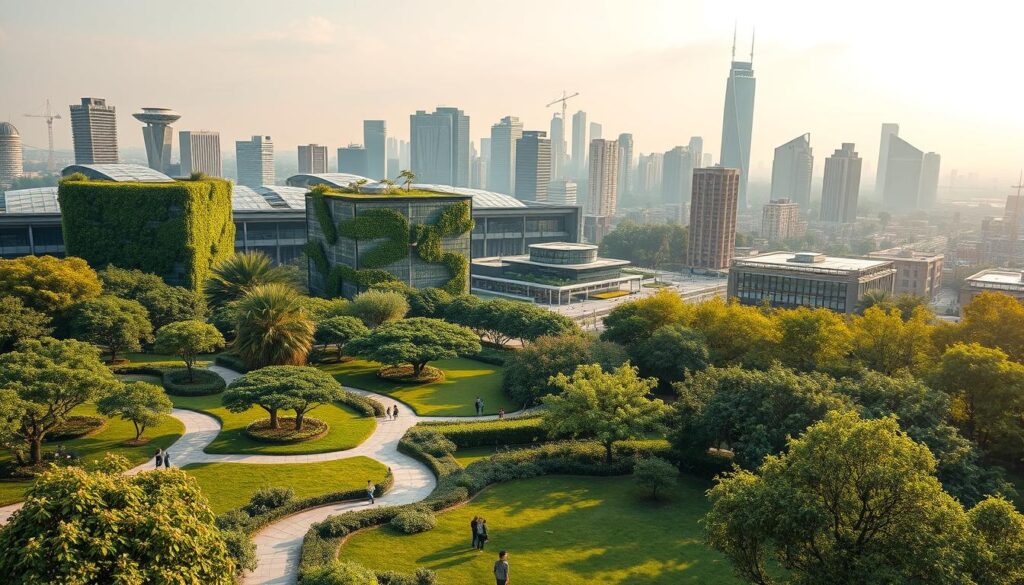A tranquil urban landscape, featuring lush green spaces, modern architecture, and sustainable infrastructure. In the foreground, a picturesque park with winding paths, native flora, and people enjoying the outdoors. In the middle ground, innovative buildings with living walls, solar panels, and green roofs. In the background, a skyline of skyscrapers and high-rises, their facades adorned with greenery. Soft, diffused lighting casts a warm, inviting glow over the scene. The image conveys a sense of harmony between nature and the built environment, showcasing the integration of green infrastructure for a more sustainable future.