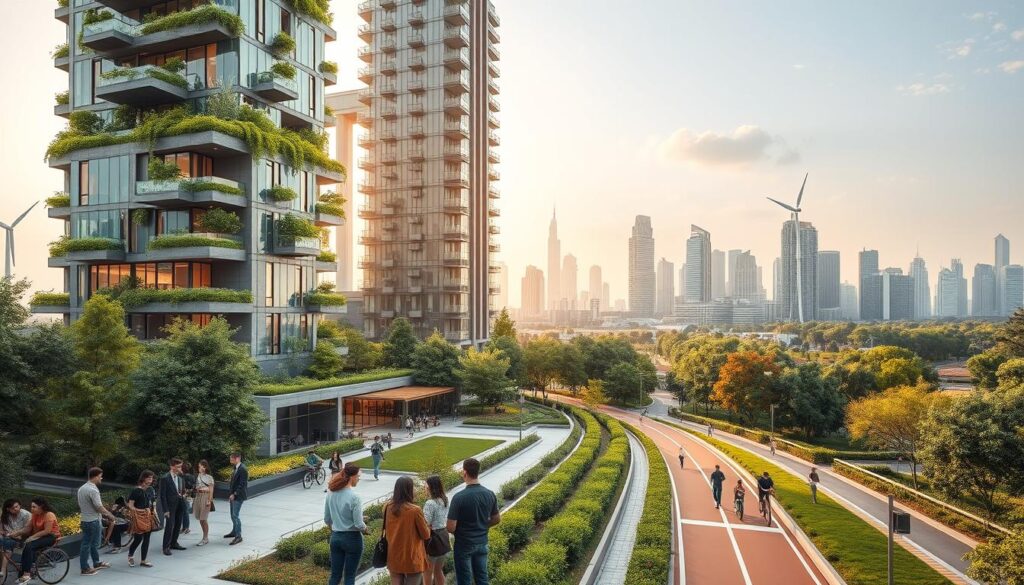 A tranquil urban setting with a modern, sustainable high-rise building as the focal point. The structure is adorned with lush greenery, solar panels, and wind turbines, seamlessly integrating renewable energy sources. In the foreground, a group of diverse community members engage in lively discussions, highlighting the building's role in fostering social interaction and environmental consciousness. The middle ground features pedestrian-friendly pathways and bicycle lanes, reflecting the building's commitment to sustainable transportation. The background showcases a vibrant cityscape with skyscrapers and parks, conveying a sense of progress and environmental harmony. The overall scene is illuminated by warm, natural lighting, creating a welcoming and inviting atmosphere.