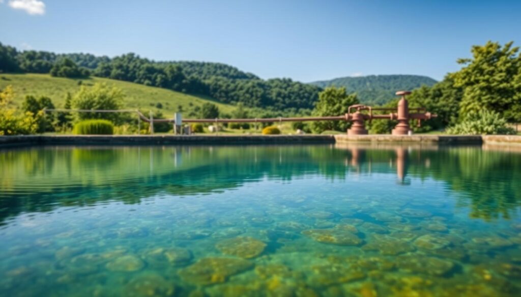 A tranquil water reservoir nestled in a lush, verdant landscape. The foreground features a serene pool of crystal-clear water, reflecting the surrounding trees and sky. In the middle ground, a network of pipes and valves symbolize the infrastructure of water management, while in the background, rolling hills and a clear blue sky create a sense of balance and harmony. The lighting is soft and diffused, casting a warm, inviting glow over the scene. The overall composition conveys the core principles of water and sanitation engineering - efficiency, sustainability, and a deep respect for the natural environment.
