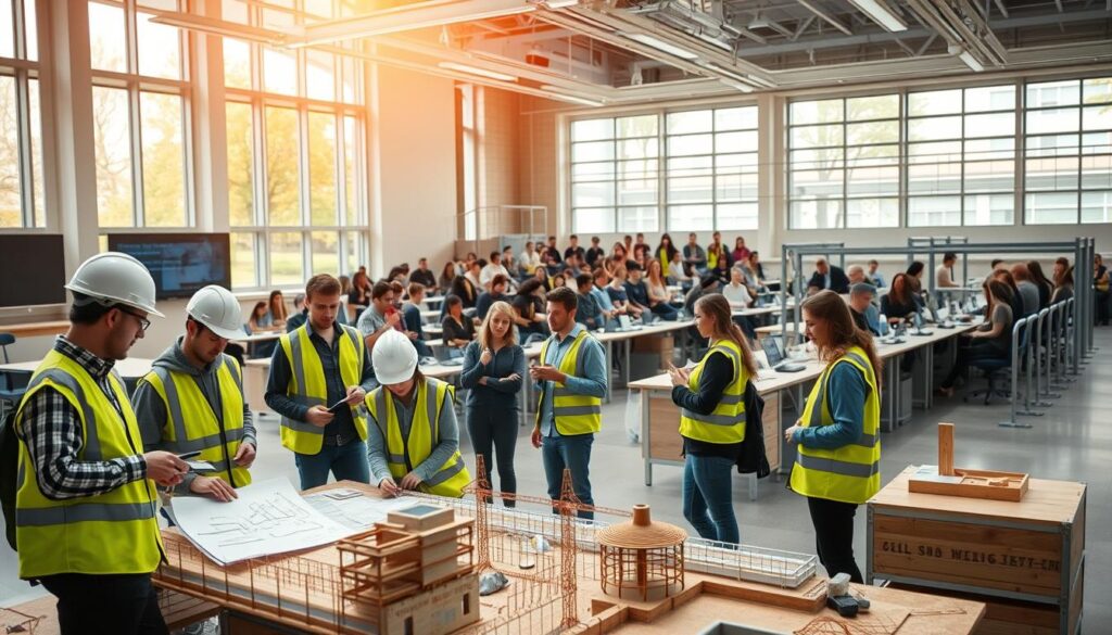 A university campus with a modern, well-equipped civil engineering department. In the foreground, students in hard hats and reflective vests work on a model construction site, analyzing blueprints and discussing project plans. In the middle ground, a lecture hall filled with attentive students, taking notes as a professor gestures towards a presentation on the blackboard. In the background, a state-of-the-art laboratory where students conduct experiments and test structural materials under the supervision of experienced researchers. Warm, natural lighting filters through large windows, creating a sense of openness and collaboration. The overall atmosphere conveys the rigor, hands-on learning, and innovative spirit of a premier civil engineering education.
