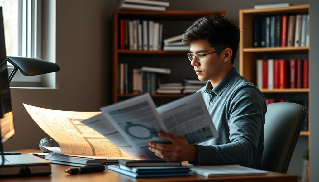 A university student sits at a desk, meticulously reviewing engineering concepts and project portfolios, preparing for an upcoming internship interview. Soft, directional lighting from a nearby window illuminates their focused expression, casting subtle shadows that accentuate their determination. In the background, a bookshelf filled with technical manuals and engineering textbooks hints at their deep passion for the field. The scene radiates a sense of diligence, as the student carefully organizes their thoughts, ready to communicate their enthusiasm and problem-solving skills to the interviewer.