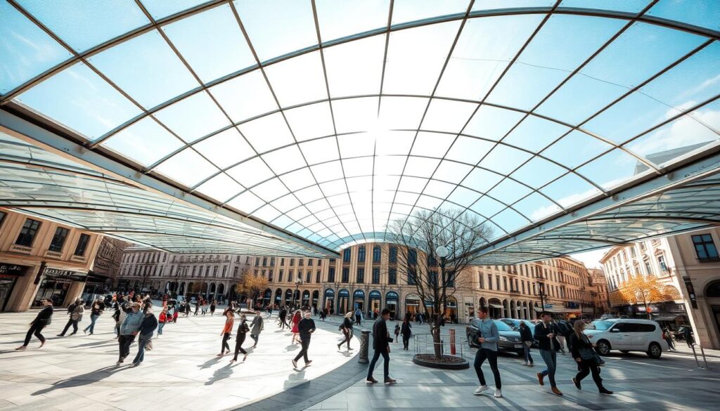 A vast, airy glass canopy stretches overhead, casting a warm, natural light across the bustling public square below. Elegant metal frames support the translucent panels, creating a seamless, modern aesthetic that blends effortlessly with the surrounding architecture. Pedestrians move freely under the canopy, their shadows dancing across the polished stone pavement. Sunlight filters through the glass, creating a delicate, ever-shifting pattern of light and shadow. The canopy's graceful curves and clean lines evoke a sense of openness and connectivity, inviting people to linger and enjoy the public space. A subtle, calming ambiance pervades the scene, highlighting the canopy's role as a functional and visually captivating element in this vibrant urban landscape.
