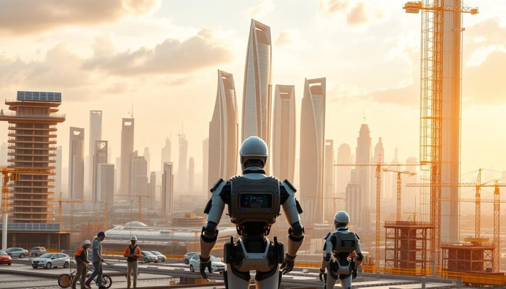 A vast cityscape comes into view, dotted with cutting-edge architectural structures and bustling construction sites. In the foreground, a team of human engineers and AI-powered robotic assistants collaborate seamlessly, utilizing advanced computer vision and autonomous systems to plan, design, and build the infrastructure of the future. The scene is bathed in a warm, golden light, reflecting the harmony and synergy between human and machine intelligence. Towering skyscrapers with sleek, futuristic designs rise in the background, their facades shimmering with integrated solar panels and smart sensors. The atmosphere exudes a sense of progress, innovation, and a vision for a sustainable, technologically-advanced urban landscape.