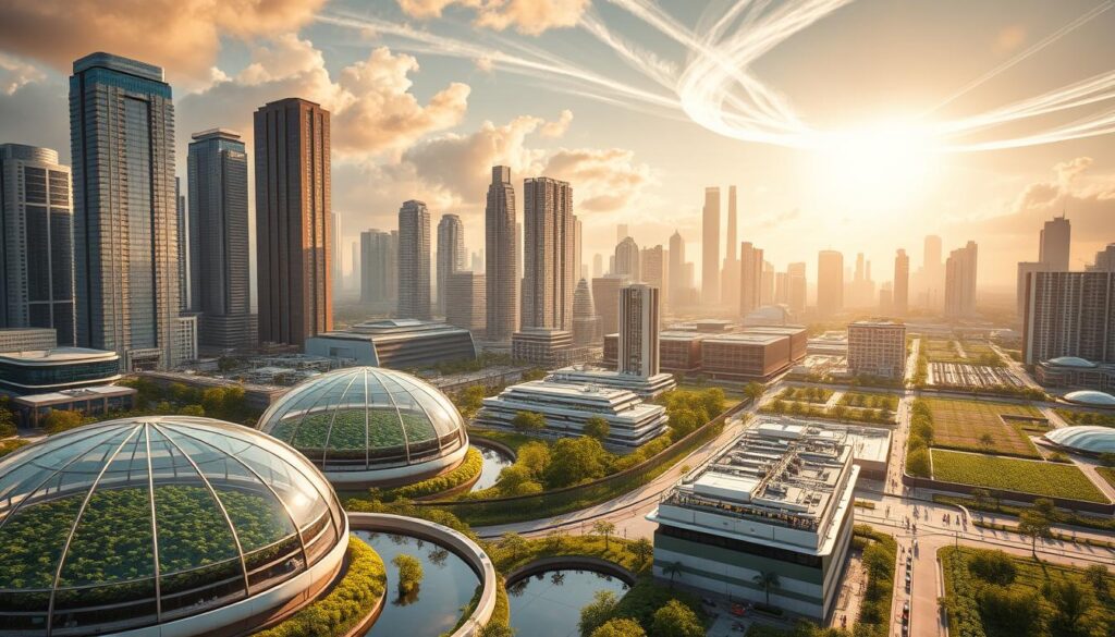A vast cityscape with modern, sustainable water management systems in the foreground. Glass-domed hydroponic farms, bio-retention ponds, and permeable paving absorb and recycle water. In the middle ground, high-tech water treatment plants and smart irrigation networks distribute resources efficiently. The background is dominated by towering skyscrapers with integrated rainwater harvesting and greywater recycling. Warm, golden sunlight filters through wispy clouds, illuminating the scene with an optimistic, futuristic atmosphere. The image conveys the integration of cutting-edge civil engineering and urban design to create a resilient, water-secure city.