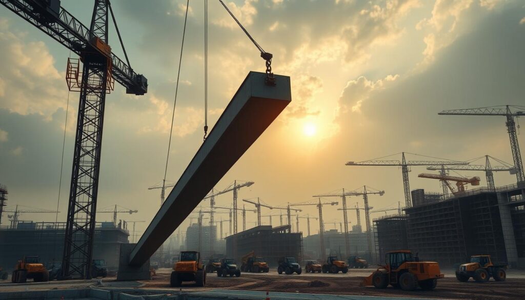 A vast construction site bustling with activity, heavy machinery dominating the scene. In the foreground, a towering crane effortlessly lifts a massive steel beam, its angular silhouette casting dramatic shadows across the ground. In the middle ground, a fleet of excavators and bulldozers carve through the earth, their powerful engines roaring to life. In the background, a network of scaffolding and cranes rise against a cloudy, atmospheric sky, creating a sense of scale and industrial grandeur. The warm, golden light of the sun filters through the haze, lending a sense of warmth and vitality to the hard-working scene. Detailed, cinematic, and technically precise.