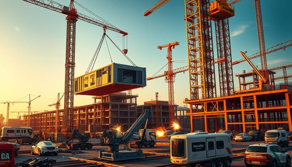 A vast construction site, teeming with advanced machinery and cutting-edge technology. In the foreground, a towering crane lifts a sleek, modular building component, its precise movements guided by a skilled operator. In the middle ground, robotic welders seamlessly join steel beams, sparks flying as they forge the skeletal structure of a future skyscraper. In the background, a fleet of autonomous haulers transport materials with remarkable efficiency, their self-driving capabilities revolutionizing the industry. The scene is illuminated by warm, natural lighting, casting a dynamic, industrious atmosphere that captures the essence of modern construction innovation.