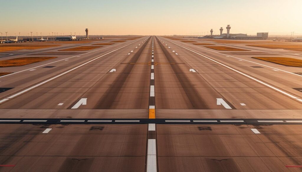 A vast, expansive airport runway stretches across the frame, its smooth tarmac surface gleaming under the warm, golden sunlight. In the foreground, a series of white runway markings and landing lights guide aircraft to a safe touchdown. The middle ground features the runway's precise geometric design, with meticulously placed grooves and drainage systems to ensure efficient water runoff. In the background, towering control towers and hangars rise, framing the scene with a sense of scale and technical sophistication. The overall atmosphere conveys a harmonious blend of functionality, safety, and engineering excellence.
