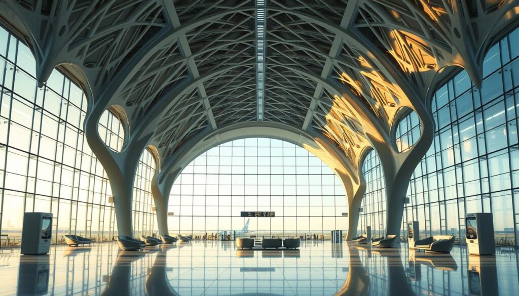 A vast, futuristic airport terminal interior with a sleek, minimalist design. The main concourse features a high, arched ceiling adorned with intricate geometric patterns that cast captivating shadows across the space. Towering glass walls offer panoramic views of the tarmac, bathing the terminal in warm, natural light. Elegant, curved seating areas and self-service kiosks are strategically placed, creating a sense of effortless flow. The floor is a smooth, reflective surface that amplifies the grandeur of the space. Subtle accent lighting highlights the architectural details, imbuing the terminal with a sense of timeless elegance and technological sophistication. This image embodies the forward-thinking vision of the "Future Trends in Airport Terminal Design".
