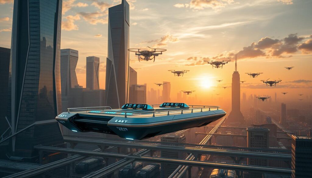 A vast, futuristic cityscape with towering skyscrapers, sleek and angular, their glass facades gleaming under the warm glow of a setting sun. In the foreground, a cutting-edge engineering marvel - a floating platform suspended mid-air, its metallic frame and transparent canopy hinting at advanced levitation technology. Holographic displays and neon-lit control panels adorn the platform, showcasing the pinnacle of human innovation. The background is a tapestry of hovercraft, monorails, and drone swarms, all seamlessly integrated into a bustling, hyper-efficient urban landscape. An atmosphere of awe-inspiring progress and boundless potential pervades the scene, capturing the essence of the future of engineering innovation.