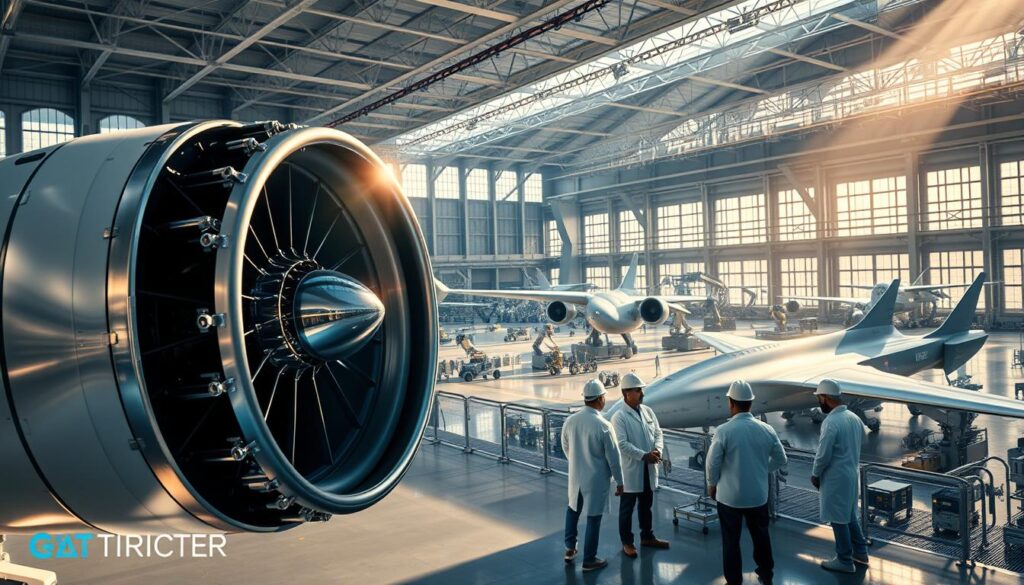 A vast, high-tech hangar filled with sleek, futuristic aircraft. In the foreground, a cutting-edge jet engine with intricately detailed components gleams under bright, directional lighting. In the middle ground, engineers in white lab coats and hardhats inspect schematics and converse animatedly. In the background, a sprawling assembly line where robotic arms deftly assemble the airframes of next-generation spacecraft. Rays of sunlight stream in through massive windows, casting a warm glow over the bustling scene of aerospace innovation.