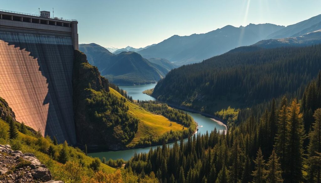 A vast hydroelectric dam dominates the foreground, its massive concrete structure towering over a lush, verdant landscape. In the middle ground, a tranquil river snakes through rolling hills, flanked by dense forests teeming with wildlife. Sunlight filters through the trees, casting a warm, golden glow across the scene. In the background, rugged mountains rise up, their peaks capped with snow. The overall mood is one of tension, as the powerful dam contrasts with the serene natural environment, hinting at the complex environmental implications of this form of renewable energy.