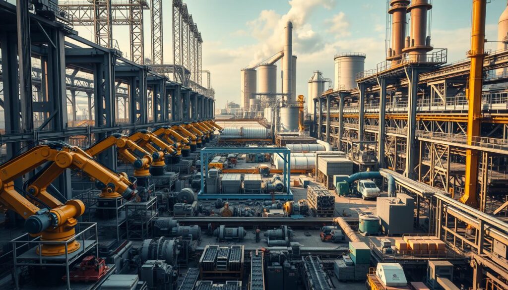 A vast industrial complex with towering steel structures, gears, and pipes intertwined in a symphony of automation. In the foreground, robotic arms precisely assemble intricate components, their movements choreographed by sophisticated control systems. The middle ground showcases an array of conveyor belts, sorting machines, and packaging stations, all working in harmony to optimize production. In the background, looming silos and cooling towers hint at the immense scale of the operation, bathed in the warm glow of strategic lighting that casts dramatic shadows. The scene exudes a sense of technological prowess, efficiency, and the relentless pursuit of industrial progress.