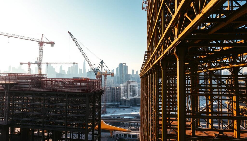 A vast industrial landscape, bathed in warm, golden light. In the foreground, a towering framework of structural steel beams and girders, their intricate lattice-work casting dramatic shadows. Mid-ground, construction cranes reach skyward, their long arms supporting the heavy load of steel components. In the background, a cityscape of modern high-rises and skyscrapers, their facades clad in sleek, reflective glass. The scene conveys a sense of strength, precision, and the engineering prowess that shapes the built environment. A wide-angle lens captures the grandeur and scale of these structural steel applications, the very backbone of structural engineering.