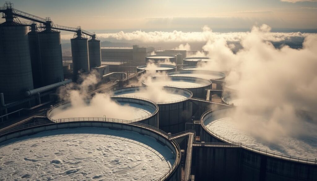 A vast industrial landscape, with towering silos and pipes crisscrossing the scene. In the foreground, a series of large, open-air treatment tanks, their surfaces churning with frothy wastewater. Thick clouds of steam rise from the tanks, obscuring the distant horizon. The lighting is harsh, casting stark shadows and highlighting the weathered textures of the concrete and metal structures. A sense of scale and complexity conveys the challenging nature of wastewater treatment engineering, with the imposing facilities suggesting the immense scale of the task at hand. The overall mood is one of industrial grit and the relentless struggle to manage the flow of contaminated water.