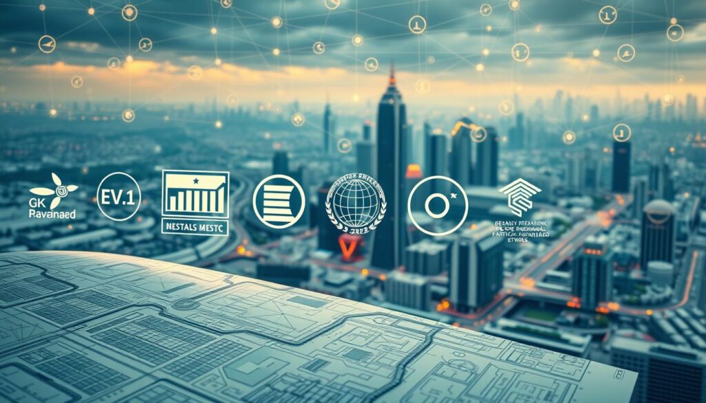 A vast interconnected network of global engineering standards, harmonizing sustainable practices worldwide. In the foreground, a technical blueprint showcasing intricate details of a renewable energy infrastructure, bathed in warm, inviting lighting. In the middle ground, an array of international certifications and compliance seals, conveying a sense of global collaboration. The background depicts a panoramic cityscape, featuring cutting-edge green buildings and transportation systems, all united by a seamless web of interconnected digital platforms. The overall atmosphere is one of order, innovation, and a shared commitment to a sustainable future.