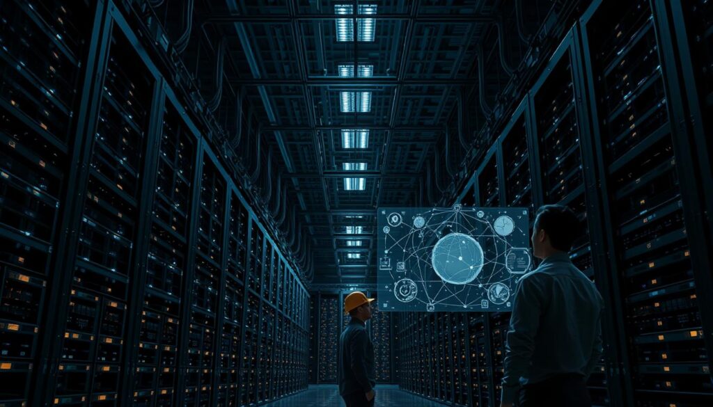 A vast, interconnected network of sleek, metallic servers, cooling units, and data cables stretches across a cavernous, dimly lit data center. Towering rack systems hum with the steady pulse of computational power, their LED lights casting a soft, ambient glow. In the foreground, a lone engineer scrutinizes a holographic display, mapping the intricate pathways of data flow and resource allocation. The image conveys the scale, complexity, and dynamism of modern AI infrastructure, designed to adapt and scale seamlessly to the ever-growing demands of artificial intelligence.