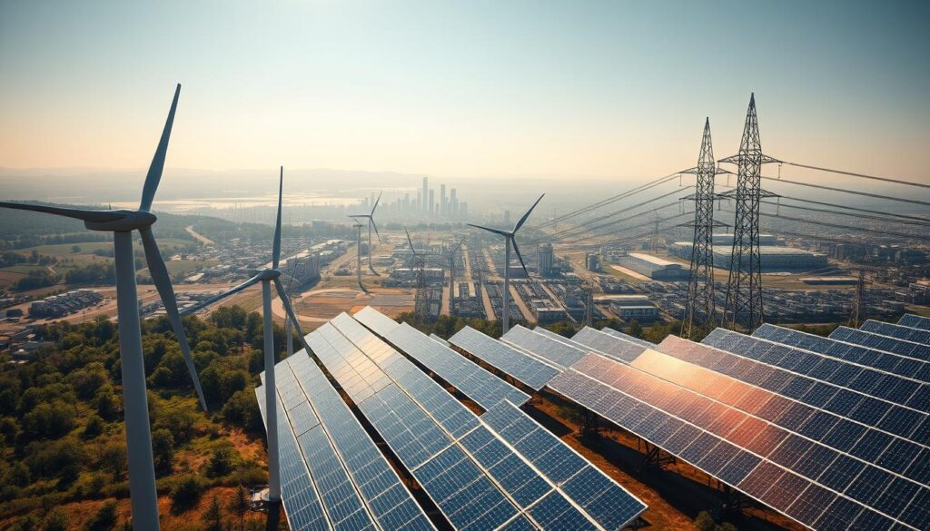 A vast, interconnected renewable energy grid, humming with power. In the foreground, sleek, modern wind turbines stand tall, their blades gently turning in a soft breeze. Towering solar panels glisten in the warm sunlight, their intricate panels absorbing the energy of the day. In the middle ground, high-voltage transmission lines stretch across the landscape, carrying the clean, sustainable electricity to homes and businesses. The background features a sprawling cityscape, its skyscrapers and factories powered by the renewable grid, casting long shadows across the scene. The overall atmosphere is one of technological innovation, environmental responsibility, and a vision for a sustainable future.