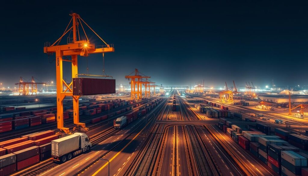 A vast intermodal freight terminal, its towering container cranes and interlinked rail lines converging in a symphony of modern logistics. In the foreground, a gantry crane meticulously transfers a shipping container from a waiting freight train to a semi-truck, its precise movements captured in sharp detail under the warm glow of high-intensity floodlights. In the middle ground, a network of paved roads and rail tracks weave between rows of stacked containers, their uniform geometries reflecting the efficient flow of goods. The background fades into the hazy silhouettes of nearby warehouses and distribution centers, hinting at the scale and interconnectedness of this intermodal transport hub.