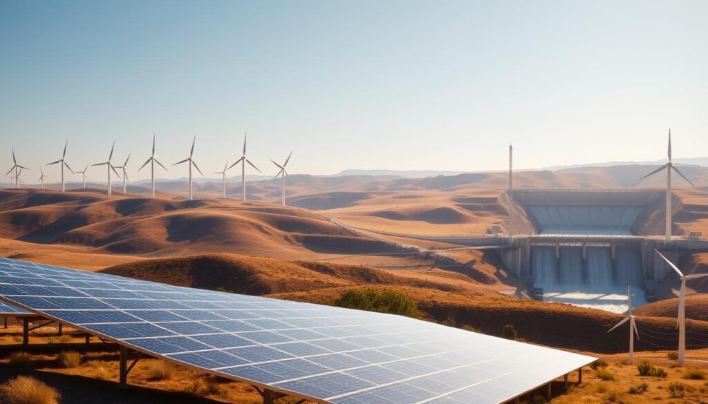 A vast landscape of renewable energy infrastructure, with towering wind turbines dotting the horizon, their blades casting long shadows across the rolling hills. In the foreground, a solar power plant stretches out, its sleek, gleaming panels capturing the sun's rays. In the distance, a hydroelectric dam stands tall, its powerful turbines harnessing the flow of a mighty river. The scene is bathed in a warm, golden light, conveying a sense of progress and optimism. The composition is balanced and harmonious, showcasing the seamless integration of these technologies into the natural environment. This image embodies the potential of renewable energy to power a sustainable future.